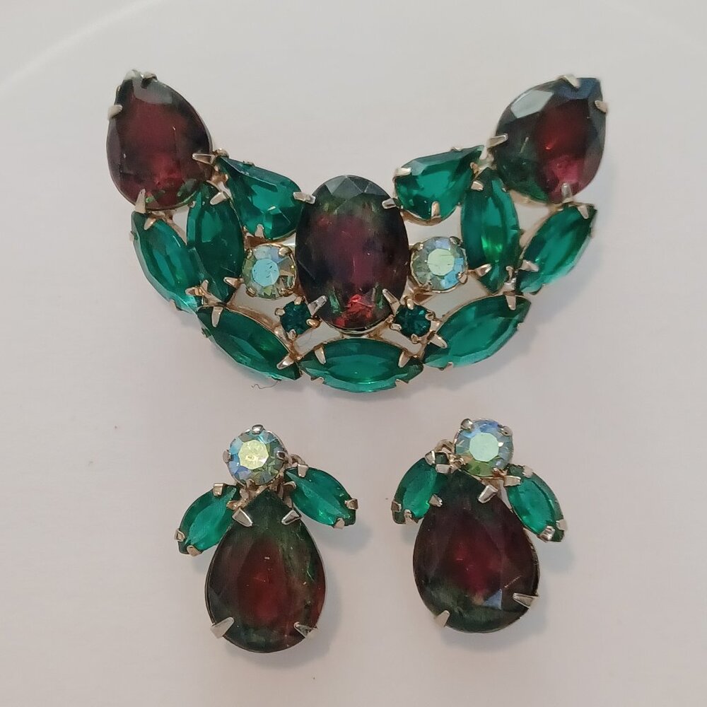 Turquoise and Plum Colored Stones Pendant Brooch with Matching Earrings Vintage